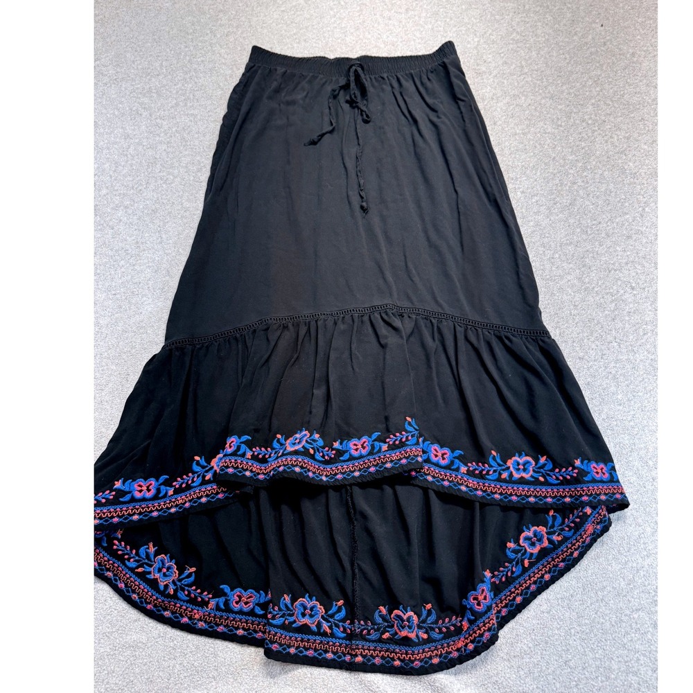 Black Embroidered High Low Maxi Skirt Womens Med Boho Rayon Tiered Peasant‎ Folk